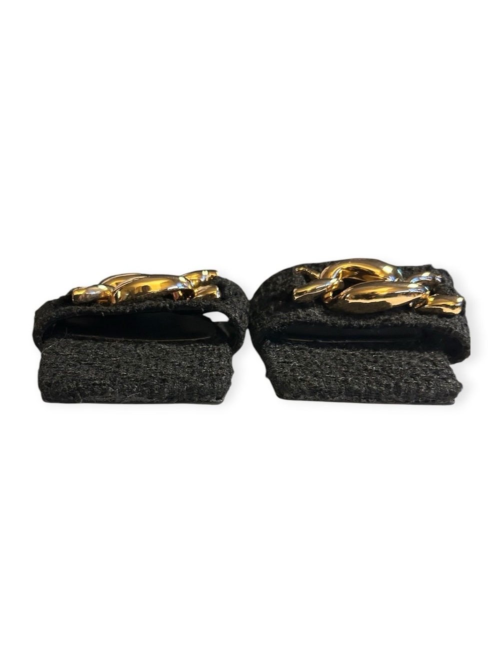 Zara Black Tweed Chunky Gold Chain Flat Slides Sandals Size 9 - Picture 2 of 7